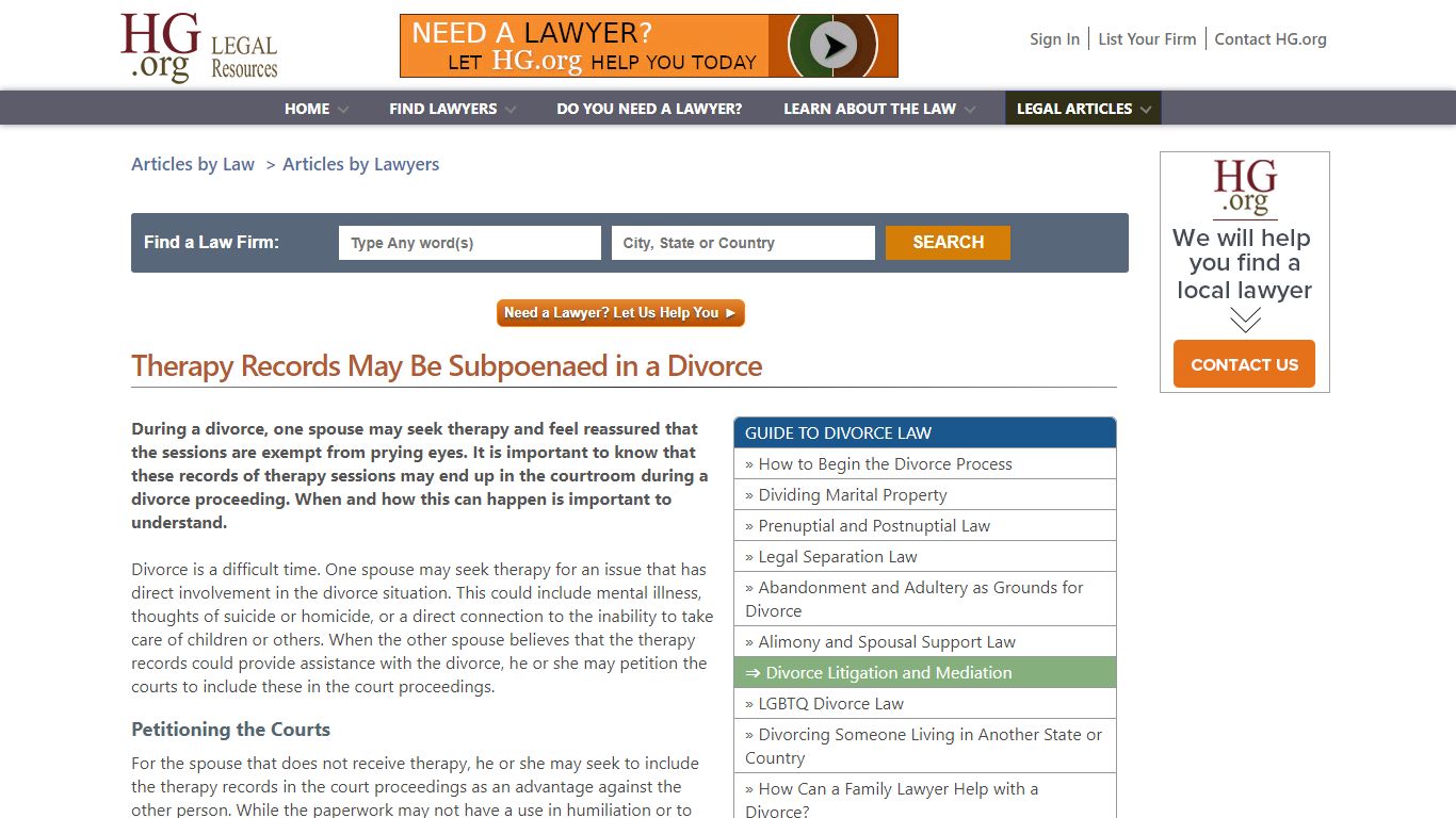 Therapy Records May Be Subpoenaed in a Divorce - HG.org